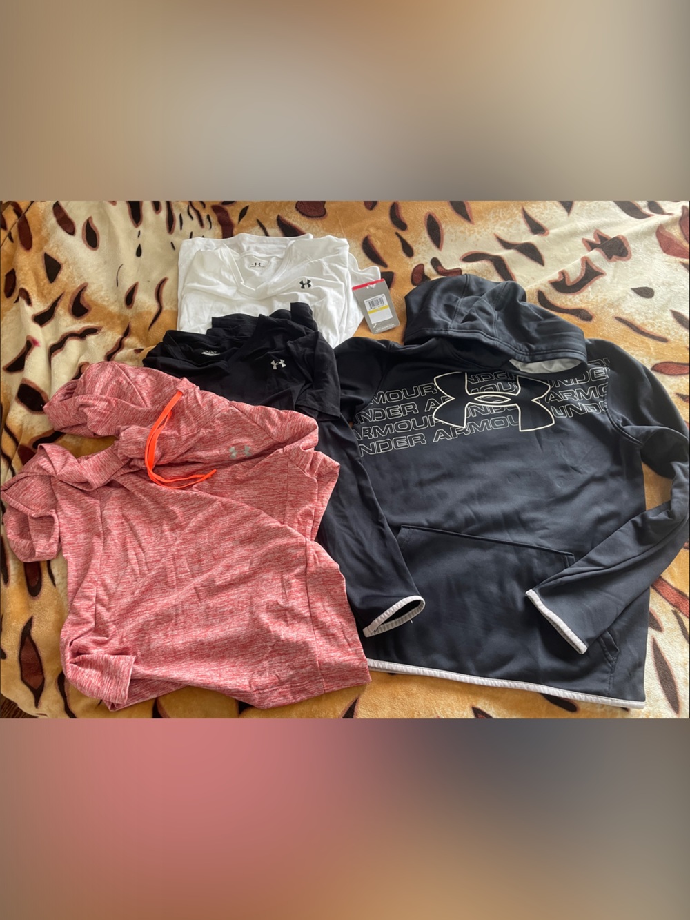 Under Armour Women's Black Hoodie, Pink Heather Pullover, White & Black Tees